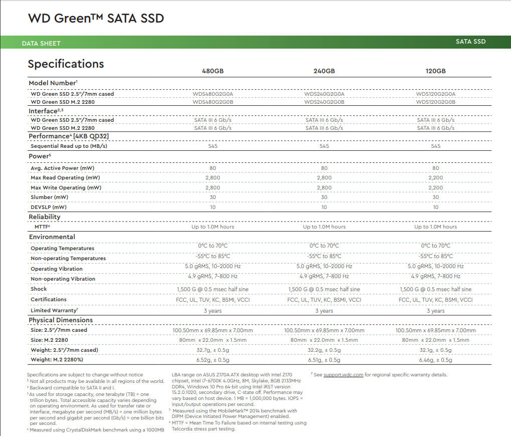 Thông số kĩ thuật ổ cứng SSD WD Green